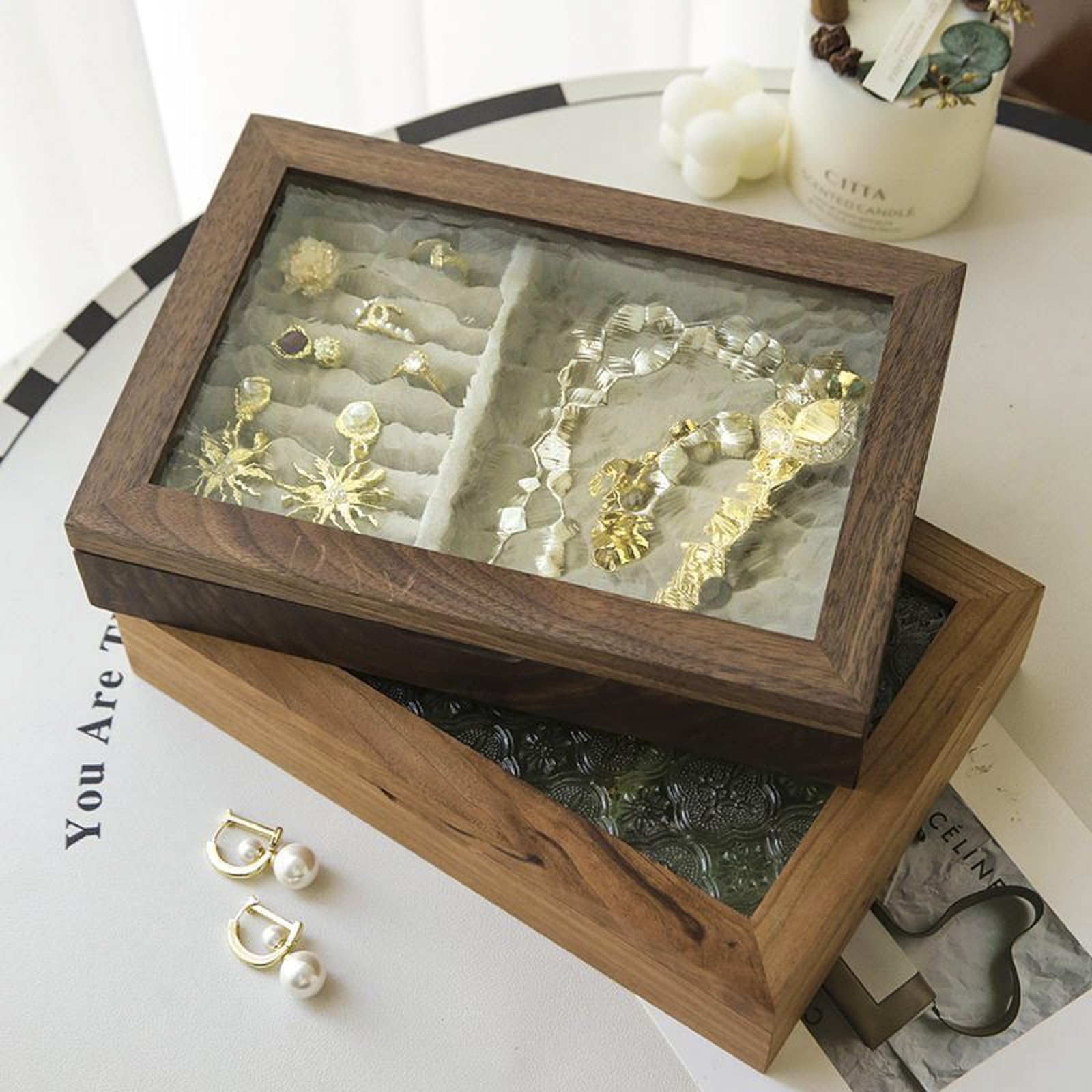* vintage Jewelry box ✵ * 硝子の ジュエリーボックス Amazon.com: AHNIK Wooden Vintage Glass Jewelry Box, Solid